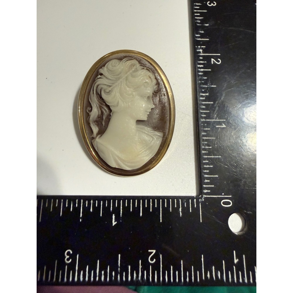Vintage Cameo Brooch Pendant Gold Tone Oval Portrait Pin Brown Cream Jewelry